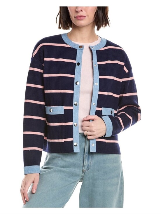 Nanette Lepore Sweaters - NWT " Nanette Lepore" Denim Trim Stripe Ribbed Cardigan Woman's Size Large